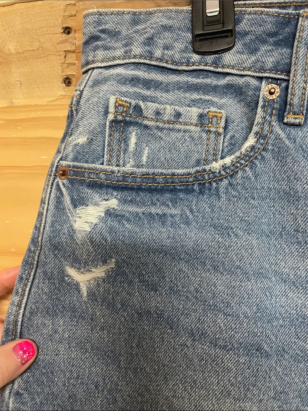 Old Navy size 12 Medium Wash Distressed Mini Denim Button Fly Non-Stretch Skirt